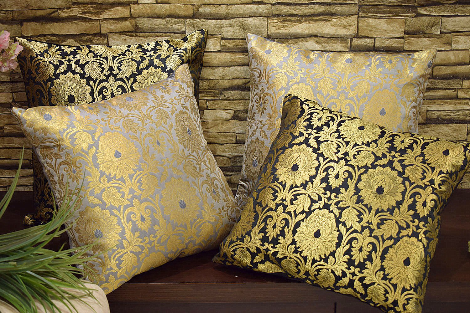 MUGHAL BANARASI Brocade Cushion Covers Combo (Black & Grey) - Image 4