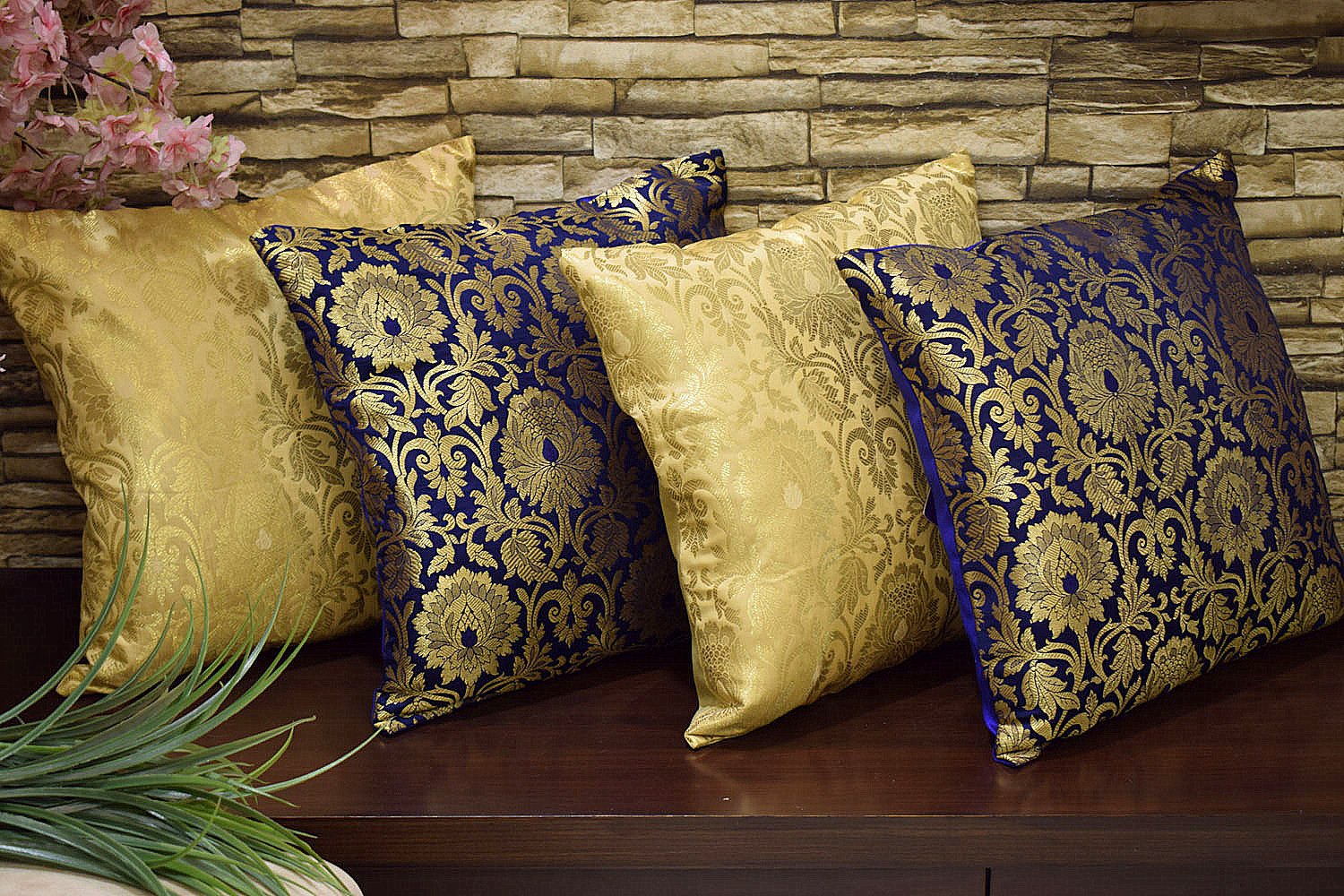 MUGHAL BANARASI Brocade Cushion Covers Combo (Marigold & Blue) - Image 4