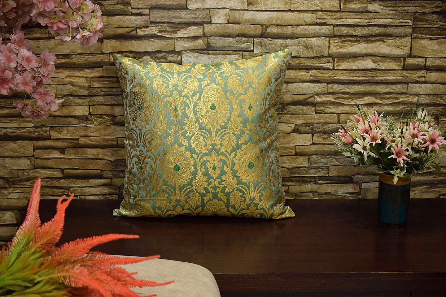 MUGHAL BANARASI Brocade Cushion Covers (Sage Green & Golden) - Image 4