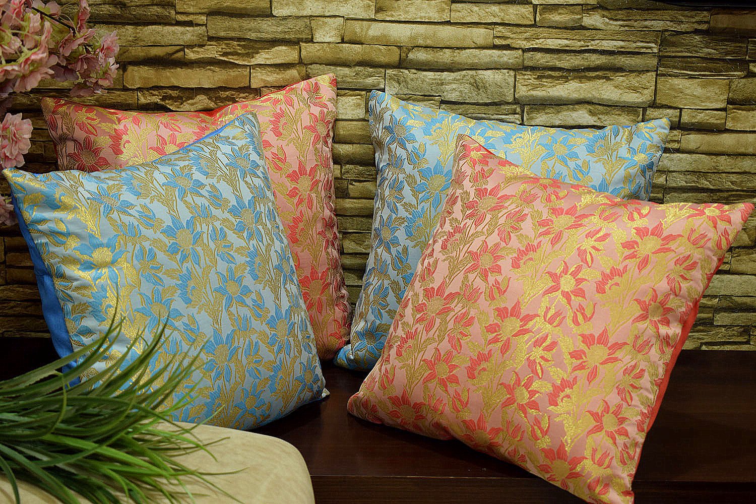 Bageecha Floral Brocade Silk Cushion Covers Combo (Sky Blue & Coral) - Image 4
