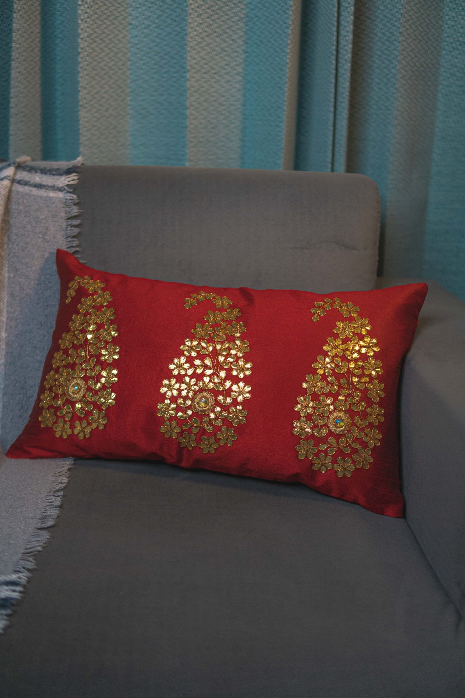 Royal Maroon & Golden Paisley Leaf Rectangular Cushion Cover - Image 4