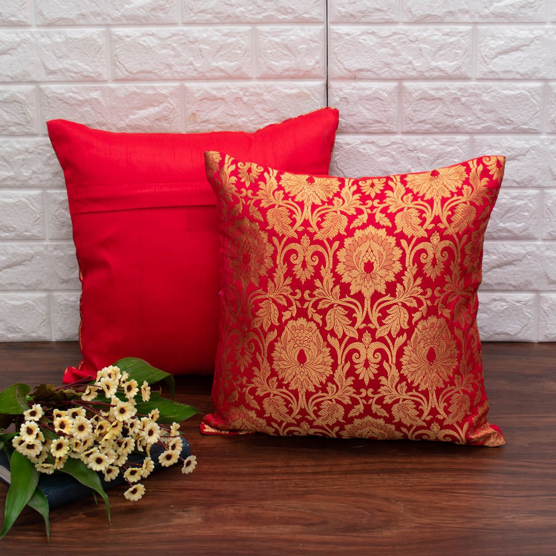MUGHAL BANARASI Brocade Cushion Covers (Red & Golden) - Image 3