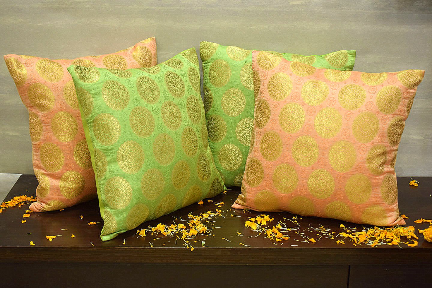 Mandala Brocade Silk Cushion Covers Combo (Green & Coral) - Image 4