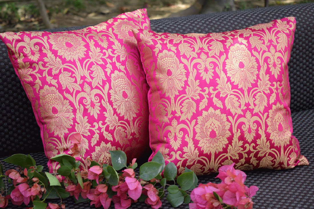 5 Piece Pure Brocade Bougainvillea Pink & Golden Classic MUGHAL BANARASI Design Diwan Set Combo - Image 4