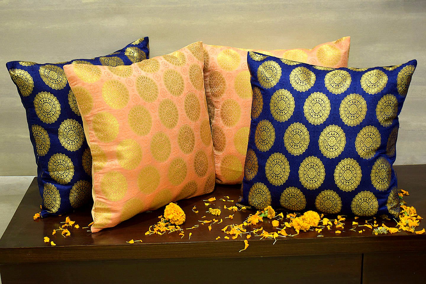Mandala Brocade Silk Cushion Covers Combo (Blue & Coral) - Image 4