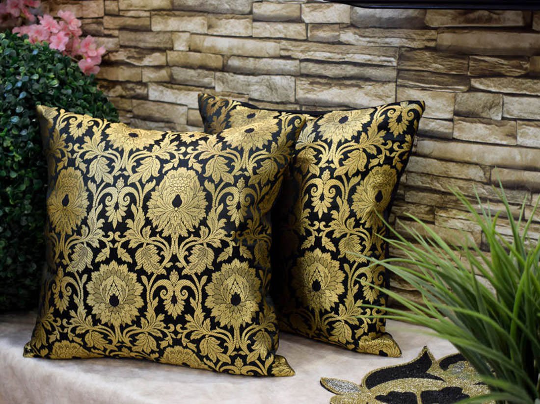 5 Piece Pure Brocade Black & Golden Classic MUGHAL BANARASI Design Diwan Set Combo - Image 4