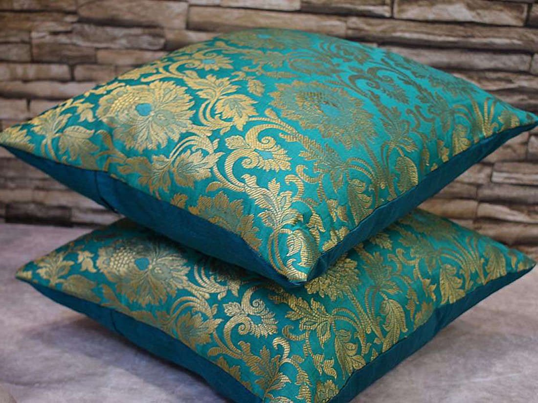 5 Piece Pure Brocade Turquoise Green & Golden Classic MUGHAL BANARASI Design Diwan Set Combo - Image 4