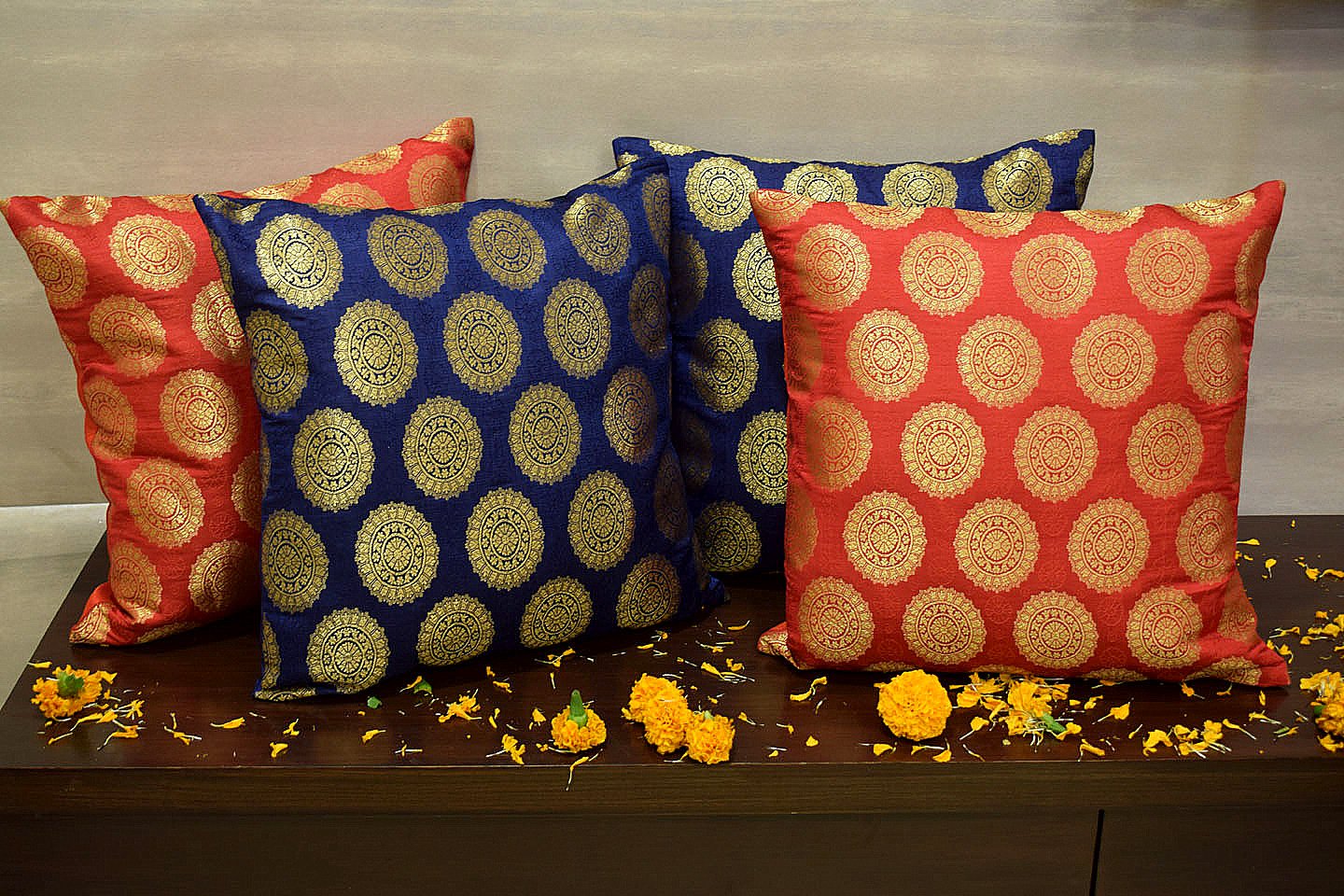 Mandala Brocade Silk Cushion Covers Combo (Blue & Red) - Image 4