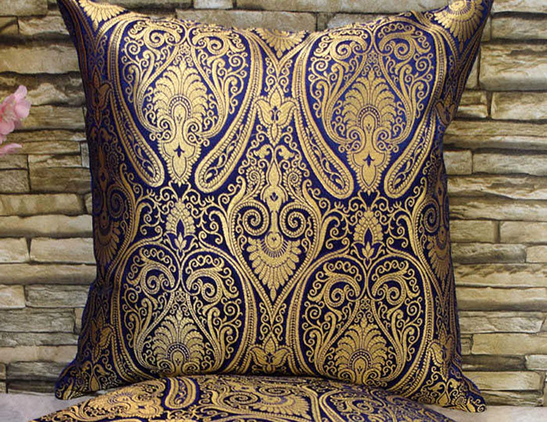 Exuberant & Luxurious 5 Piece Pure Brocade Golden & Blue Classic Jamawar Design Diwan Set - Image 4