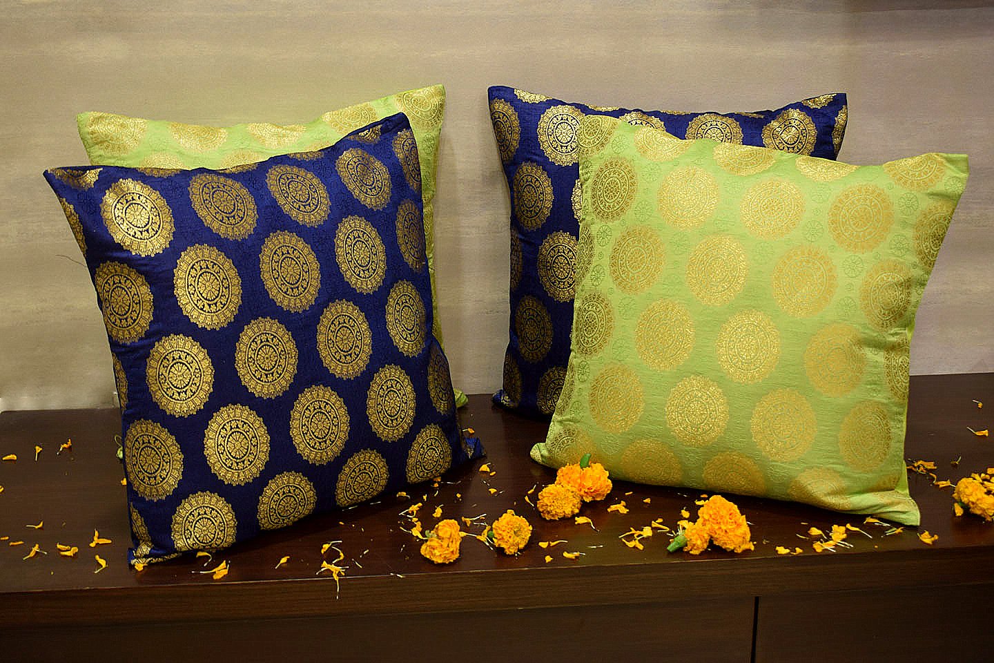 Mandala Brocade Silk Cushion Covers Combo (Blue & Green) - Image 4