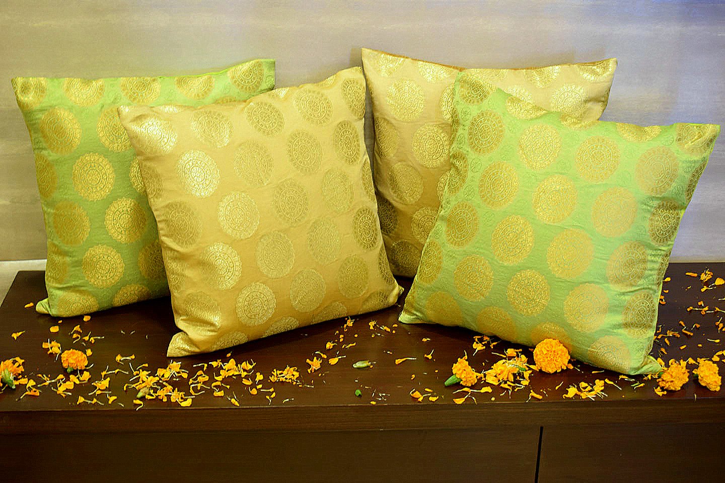 Mandala Brocade Silk Cushion Covers Combo (Green & Beige) - Image 4