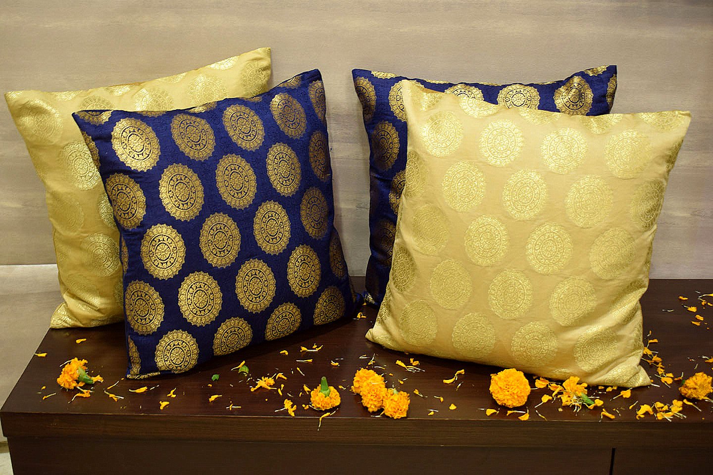 Mandala Brocade Silk Cushion Covers Combo (Blue & Beige) - Image 4