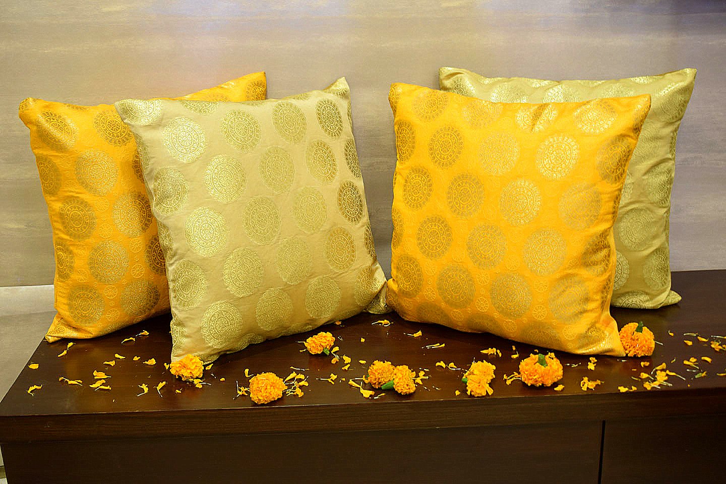 Mandala Brocade Silk Cushion Covers Combo (Beige & Yellow) - Image 4