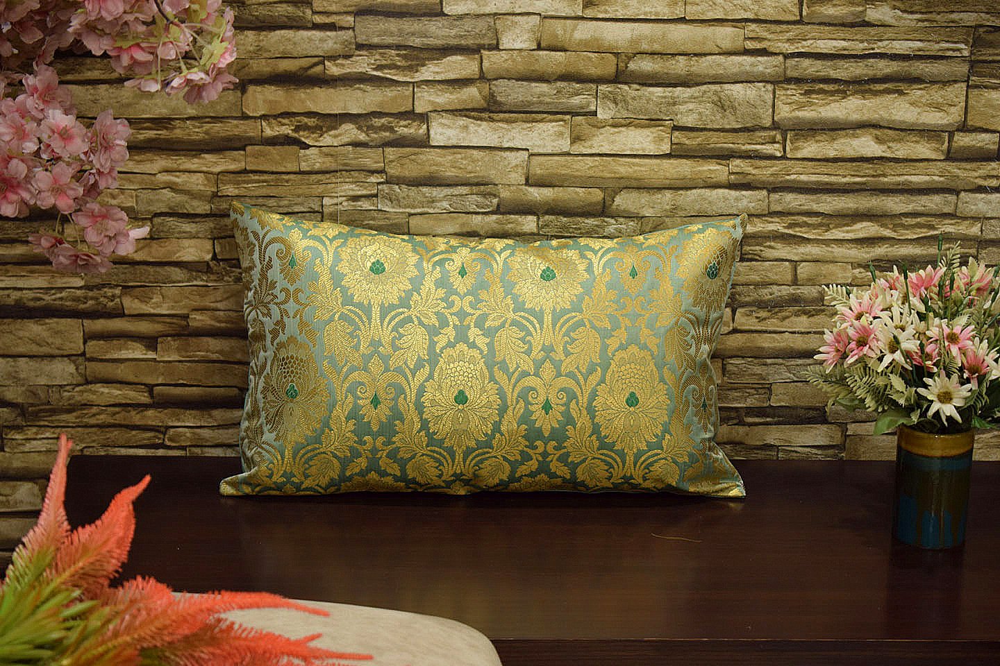 MUGHAL BANARASI Brocade Long Rectangular Cushion Covers (Sage Green & Golden) - Image 4