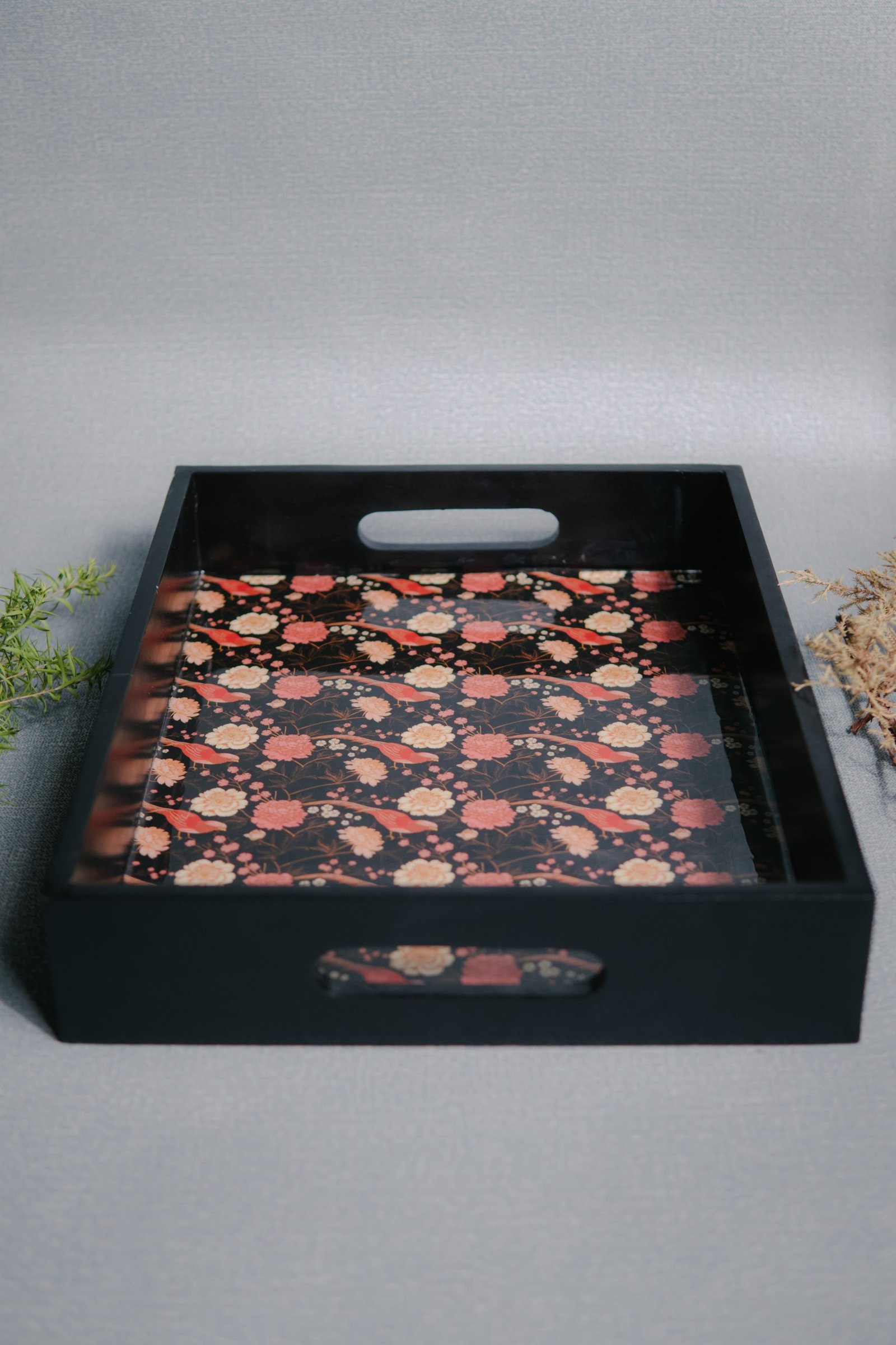 Wooden Artistic Zinnia Floral Black Serving Trays (Set of 2) - Image 4