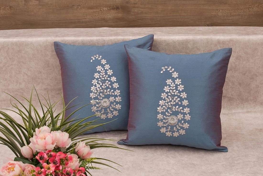 Steel Blue & Silver Paisley Gota Patti Hand Embroidery - Image 3