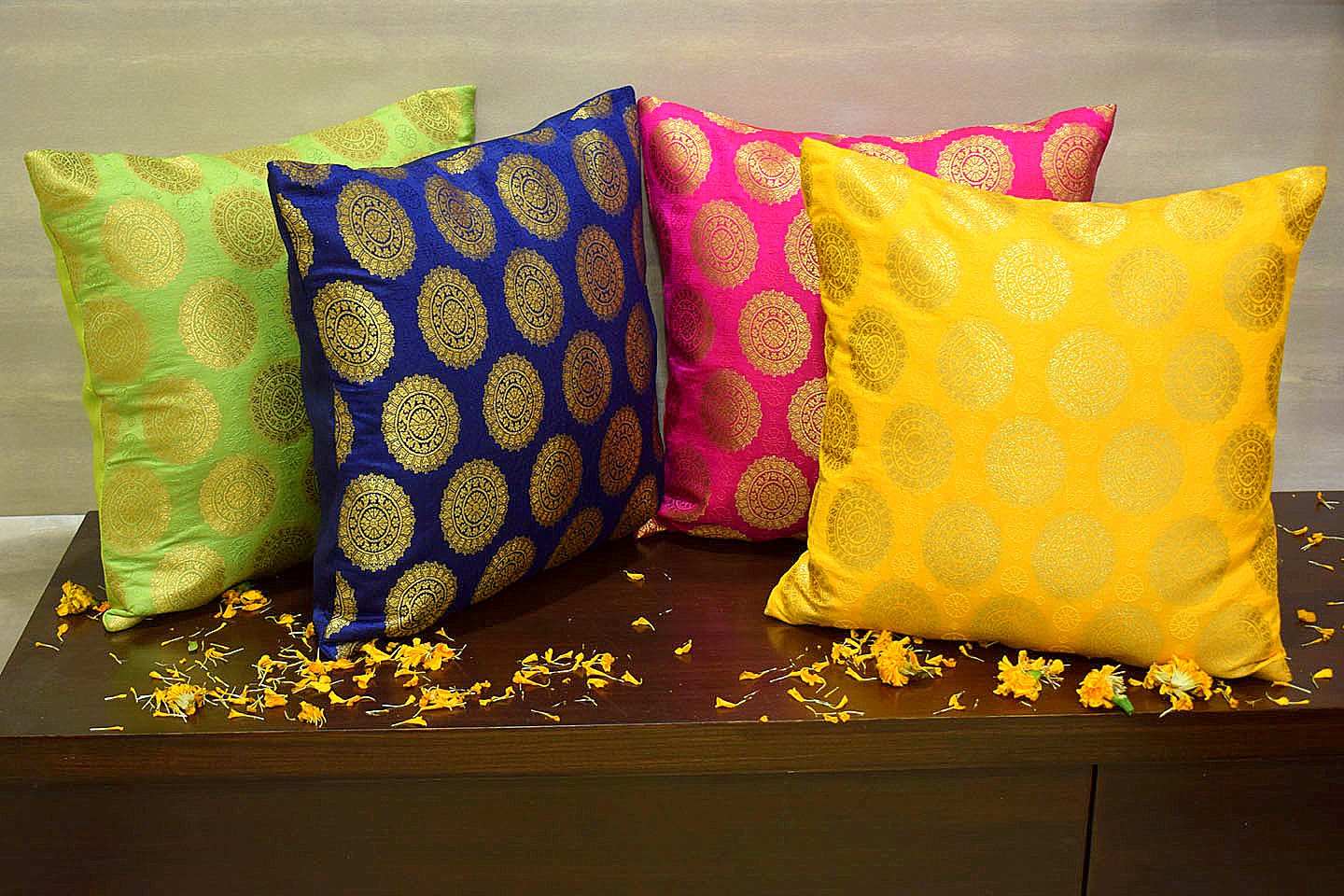 Mandala Brocade Silk Cushion Covers Combo Multi- 1 (Blue, Yellow, Magenta, Green) - Image 4