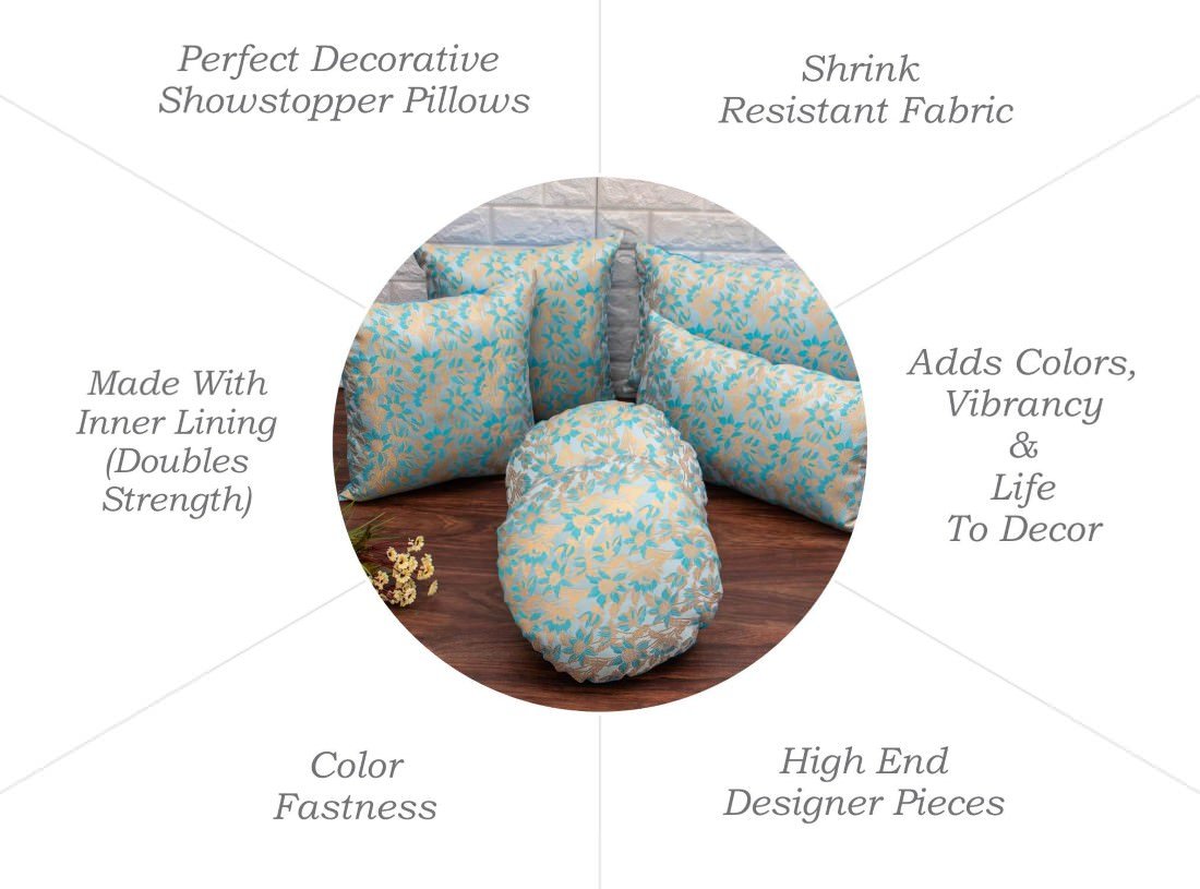 Sky Blue Bageecha Floral Brocade Silk Rectangular Cushion Covers - Image 6