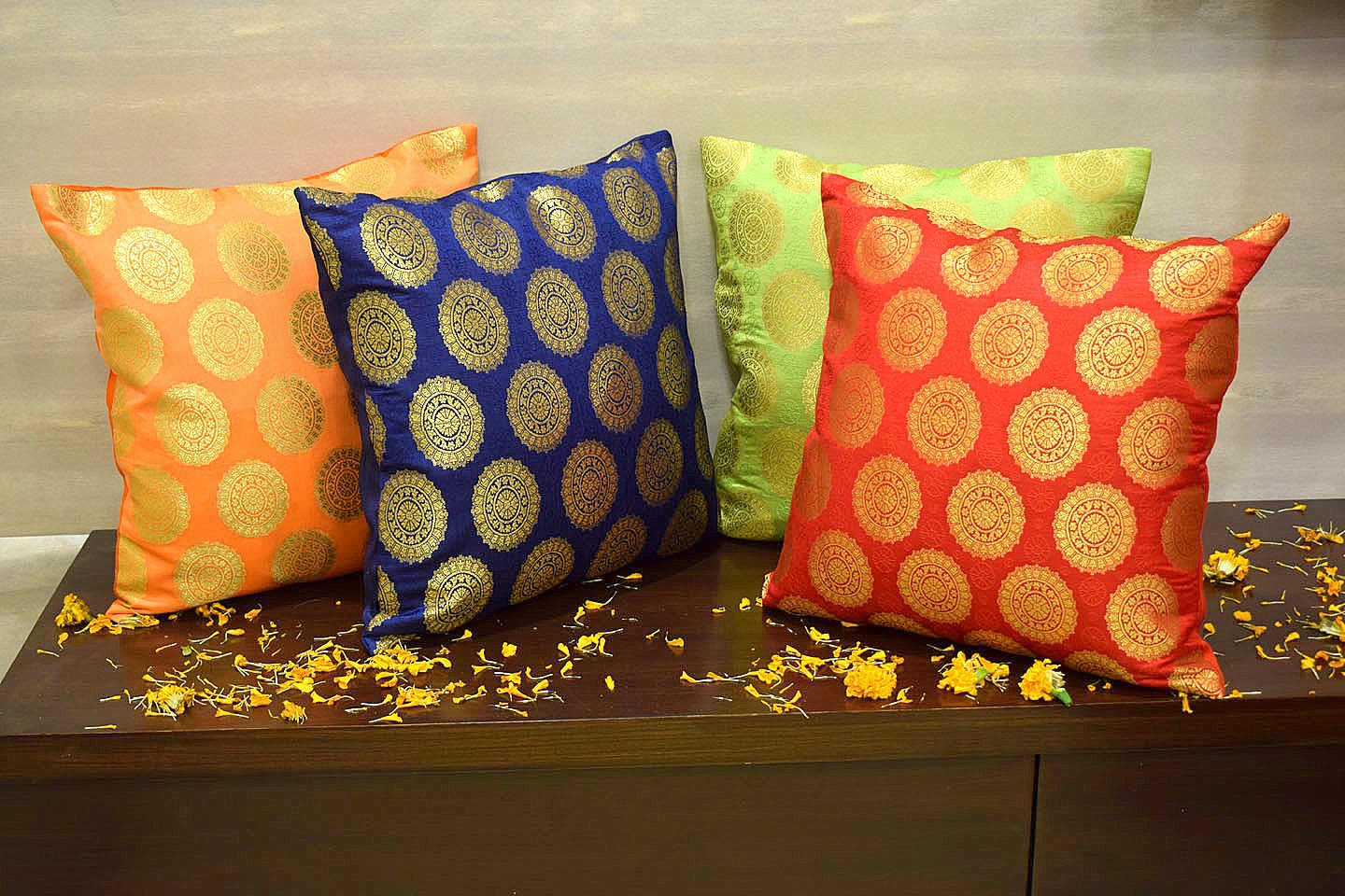 Mandala Brocade Silk Cushion Covers Combo Multi- 2 (Blue, Red, Orange, Green) - Image 4
