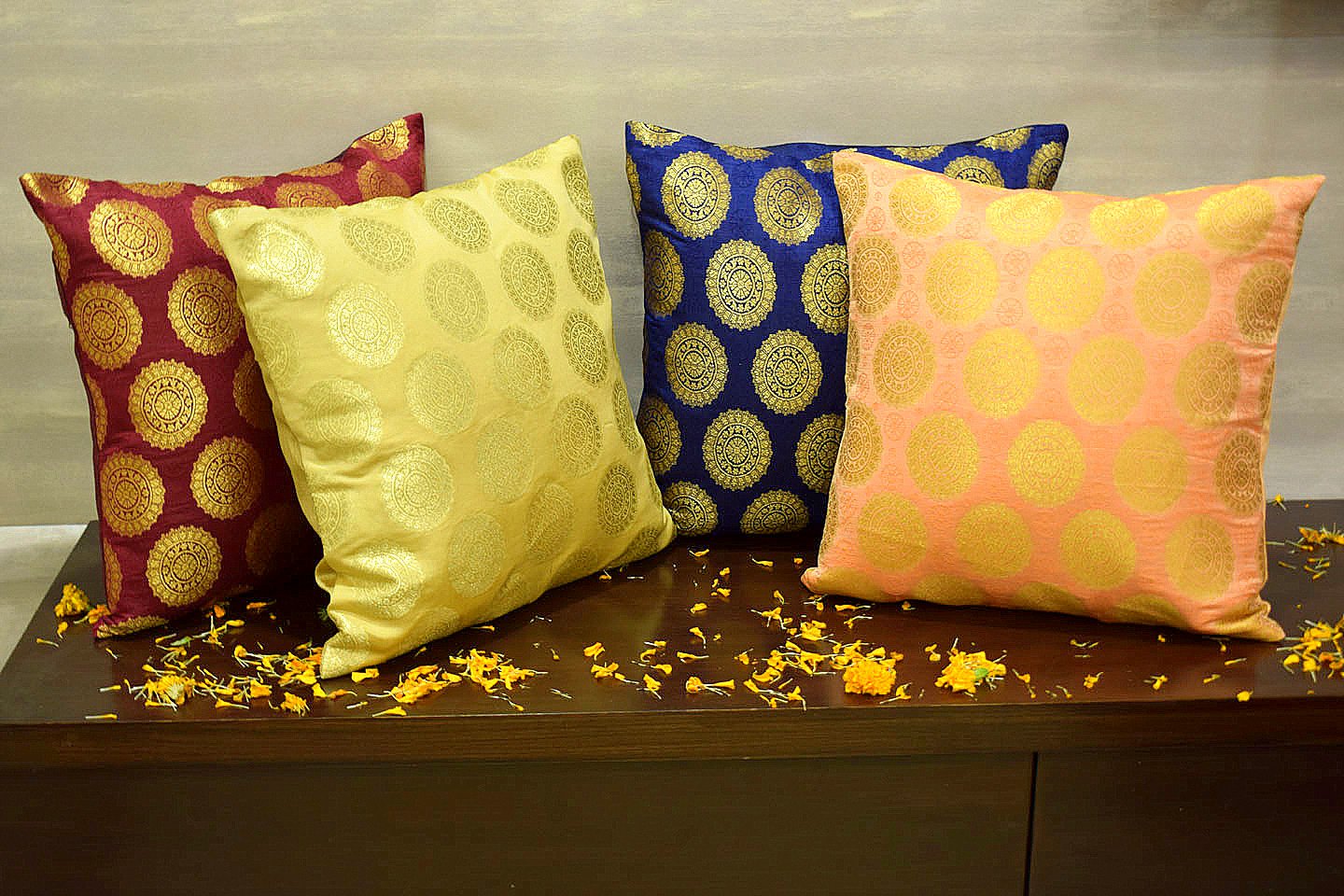 Mandala Brocade Silk Cushion Covers Combo Multi- 3 (Blue, Coral, Beige, Maroon) - Image 4