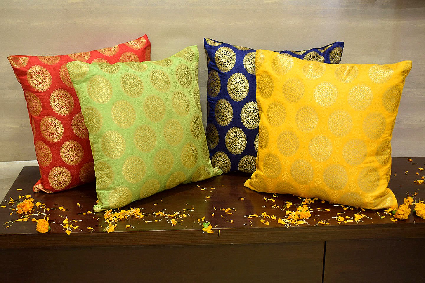 Mandala Brocade Silk Cushion Covers Combo Multi- 6 (Blue, Yellow, Red, Green) - Image 4