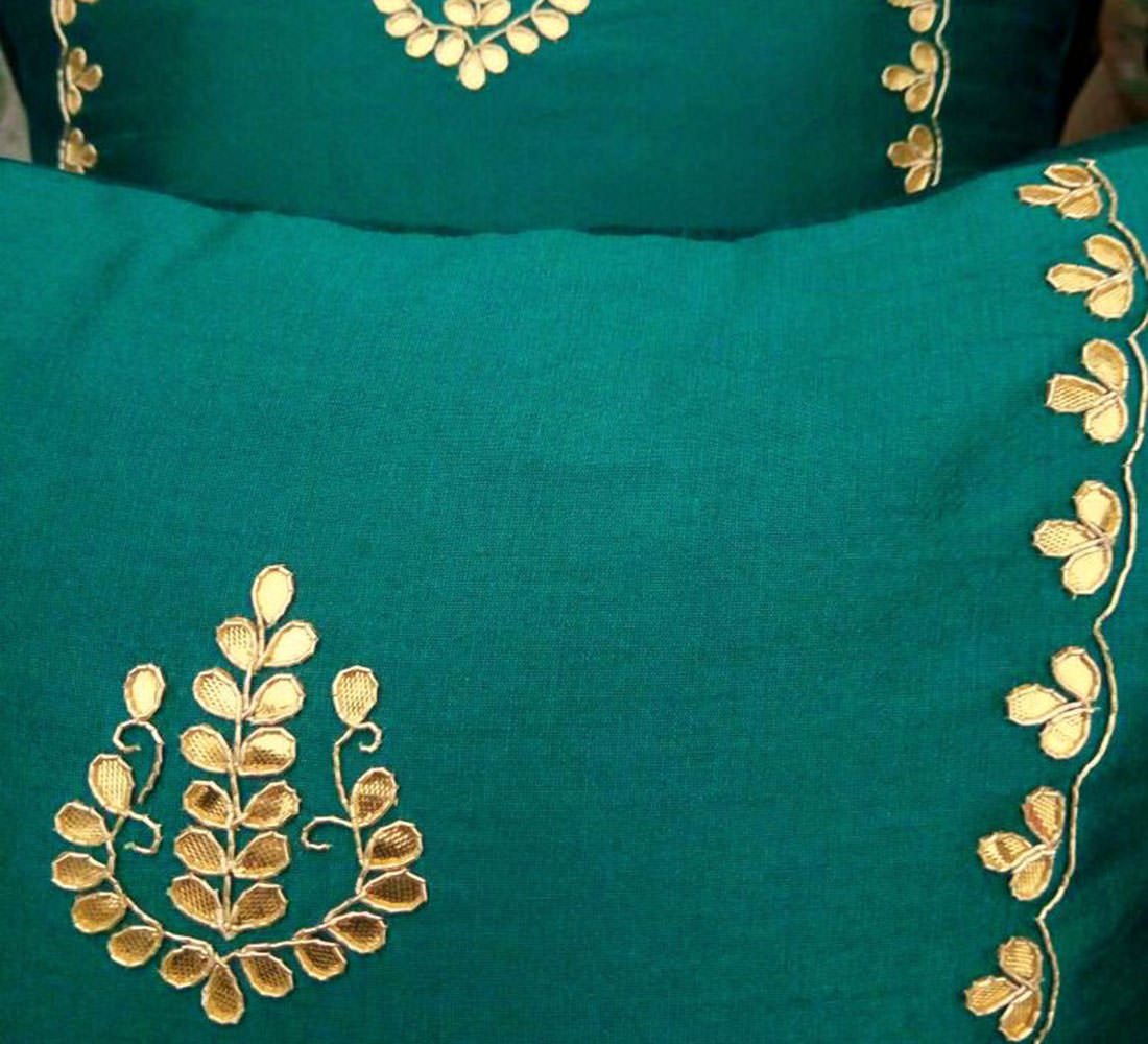 Hand Embroidered Gotta Patti Ethnic Cushion Covers on Peacock Green - Image 3