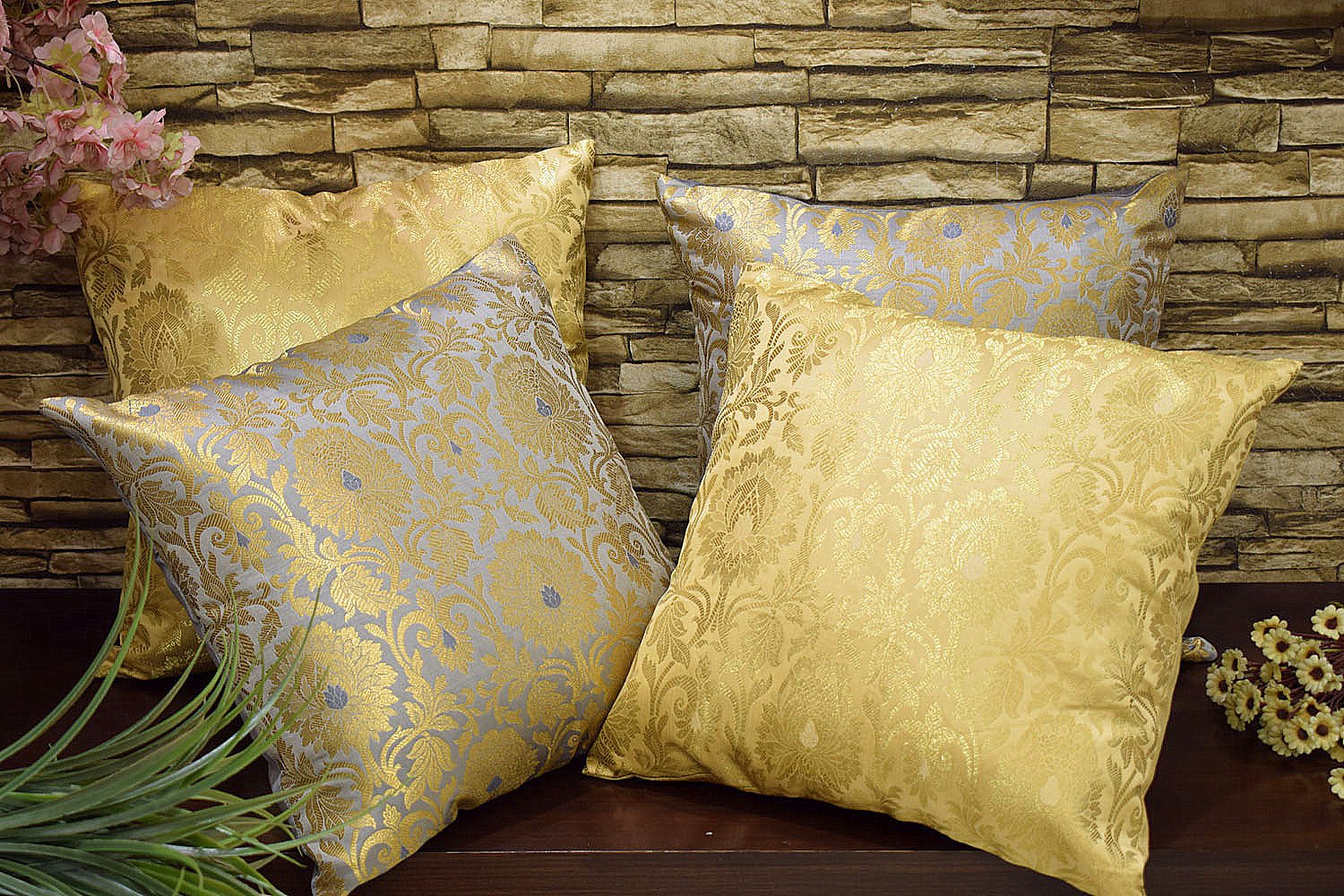 MUGHAL BANARASI Brocade Cushion Covers Combo (Marigold & Grey) - Image 4