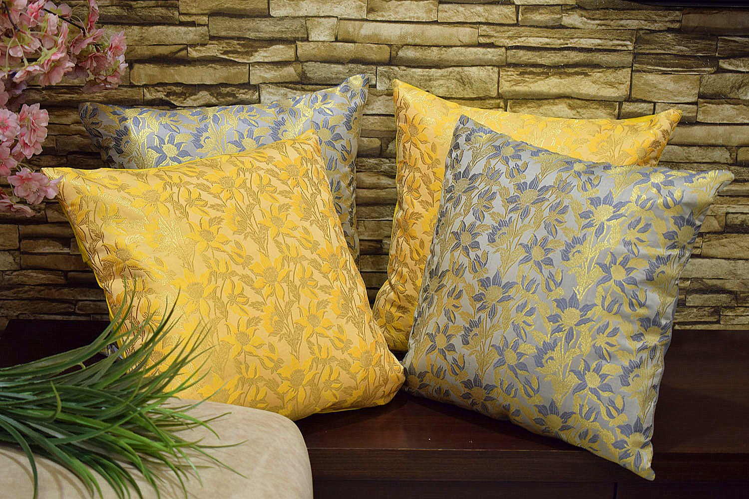 Bageecha Floral Brocade Silk Cushion Covers Combo (Yellow & Grey) - Image 4