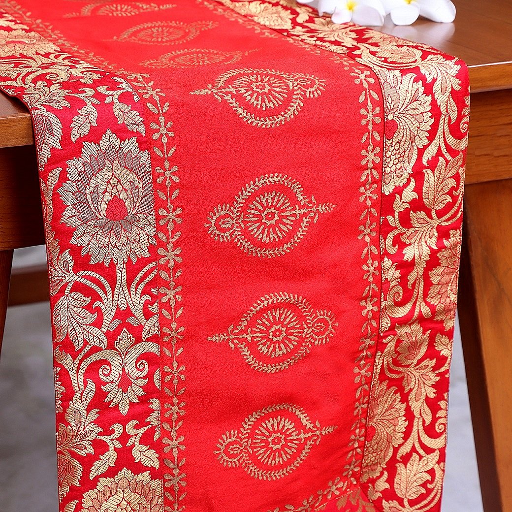 Mughal Banarasi Gardish Block Printed Table Runner - Red - Image 3