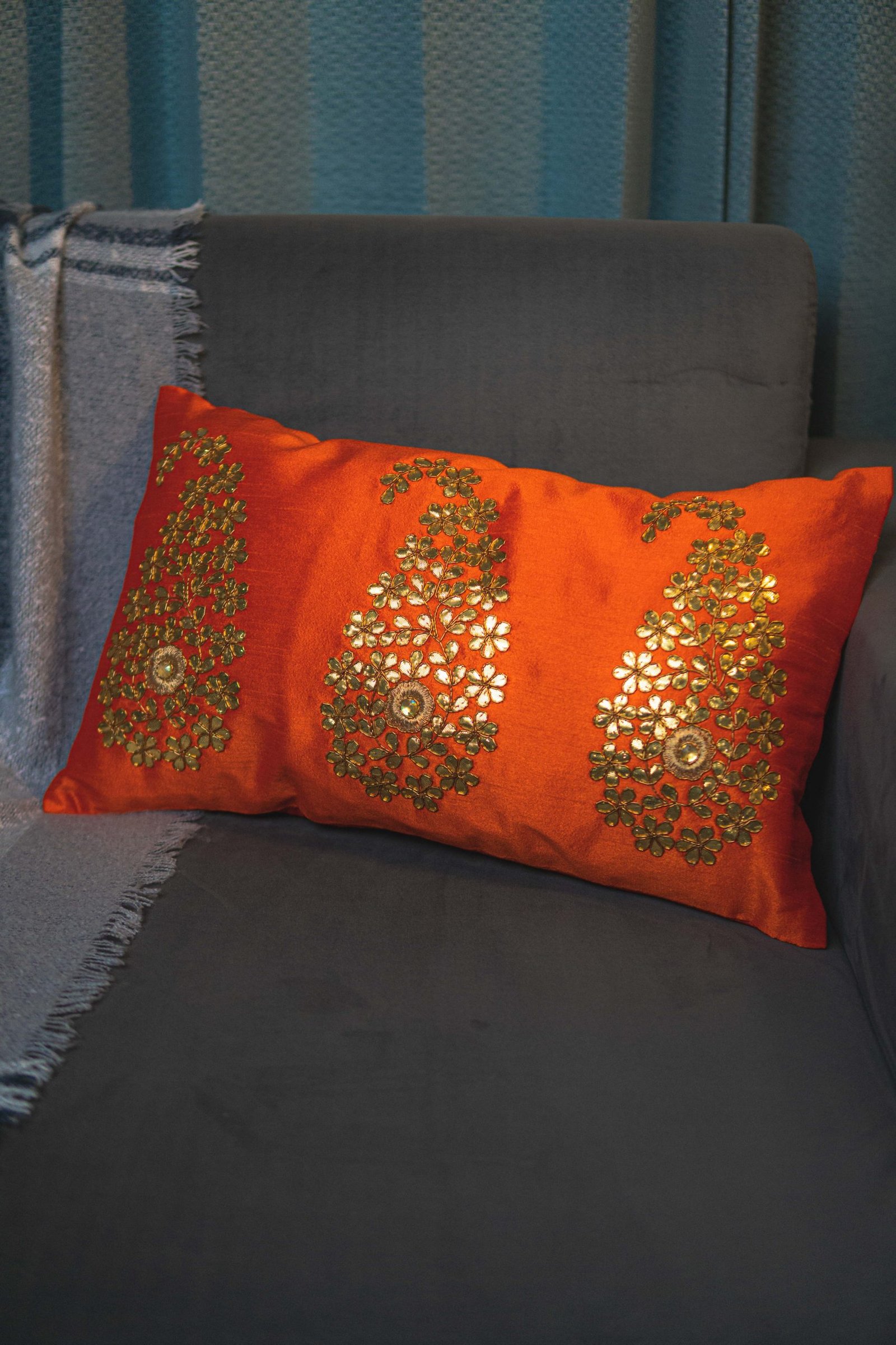 Orange & Golden Paisley Leaf Rectangular Cushion Cover - Image 4