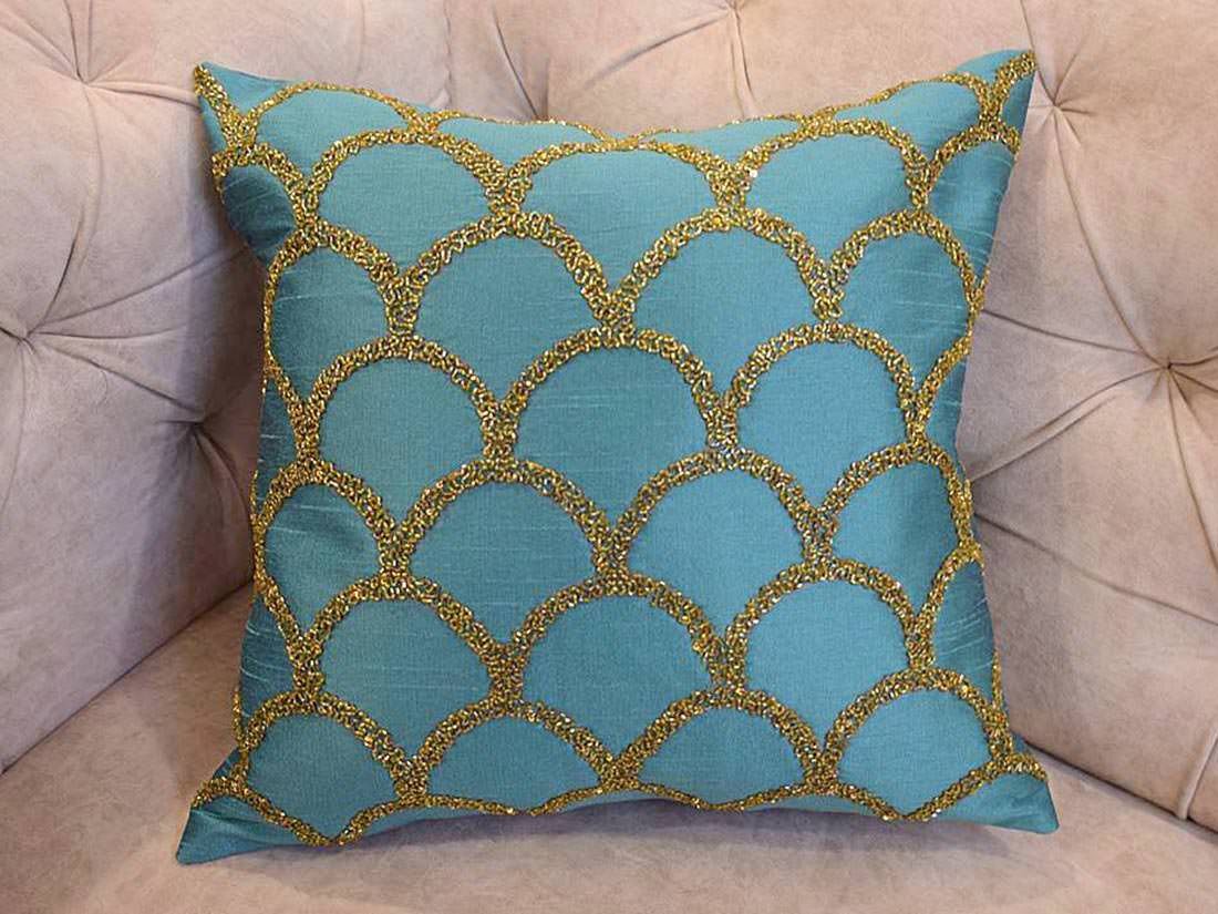 Criss Cross Hand Embroidered Moroccan Gold Embellished Mint Green Cushion Covers - Image 4