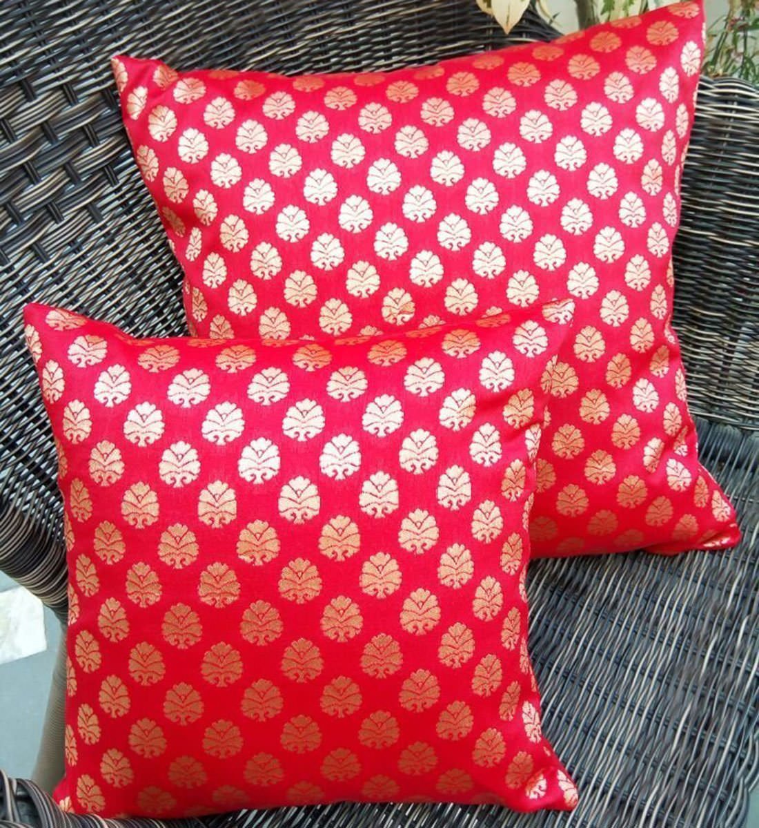 Premium Quality Flamboyant Red & Golden Brocade Cushion Covers - Image 2
