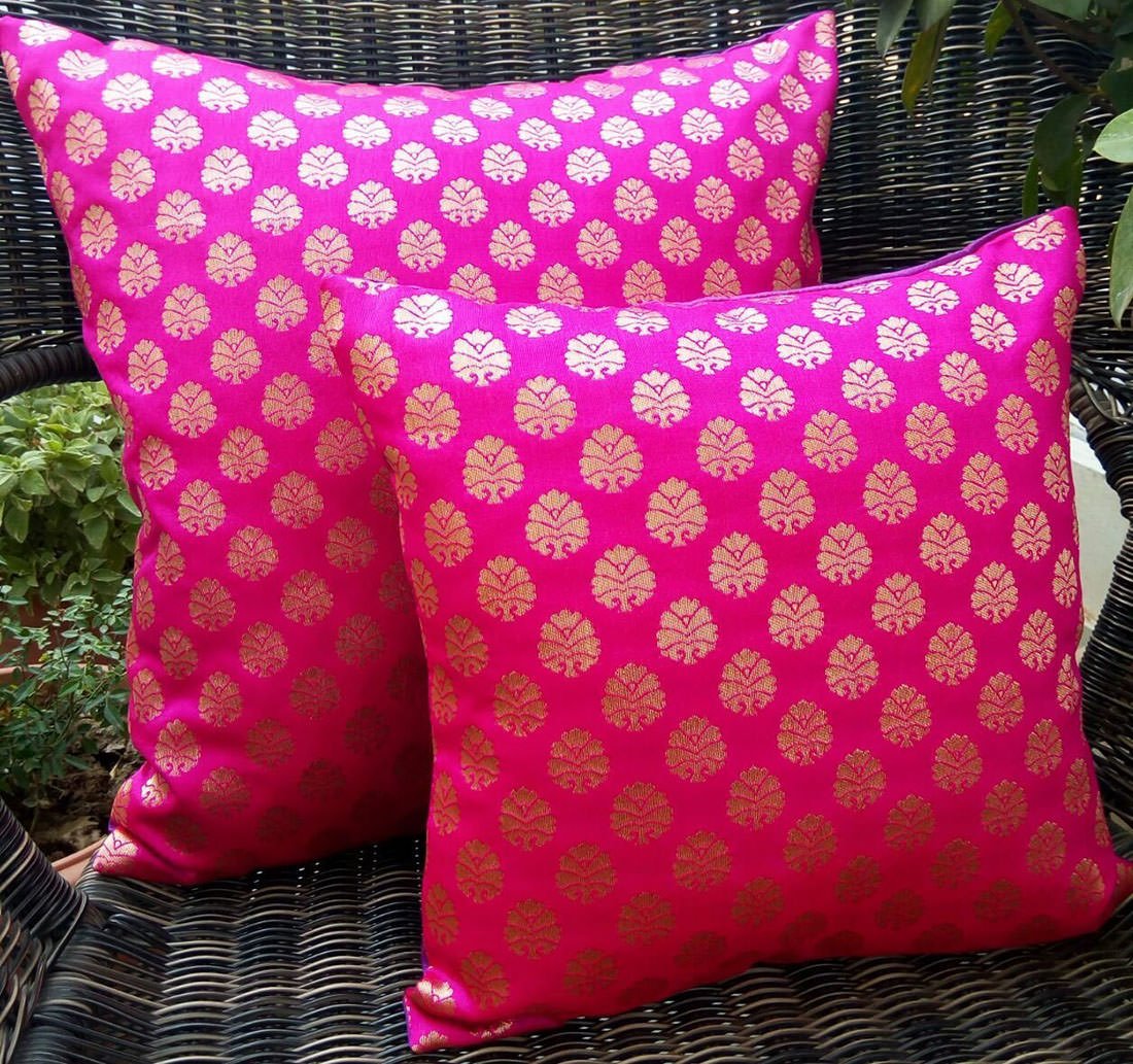 Premium Quality Hot Pink & Golden Brocade Cushion Covers - Image 4