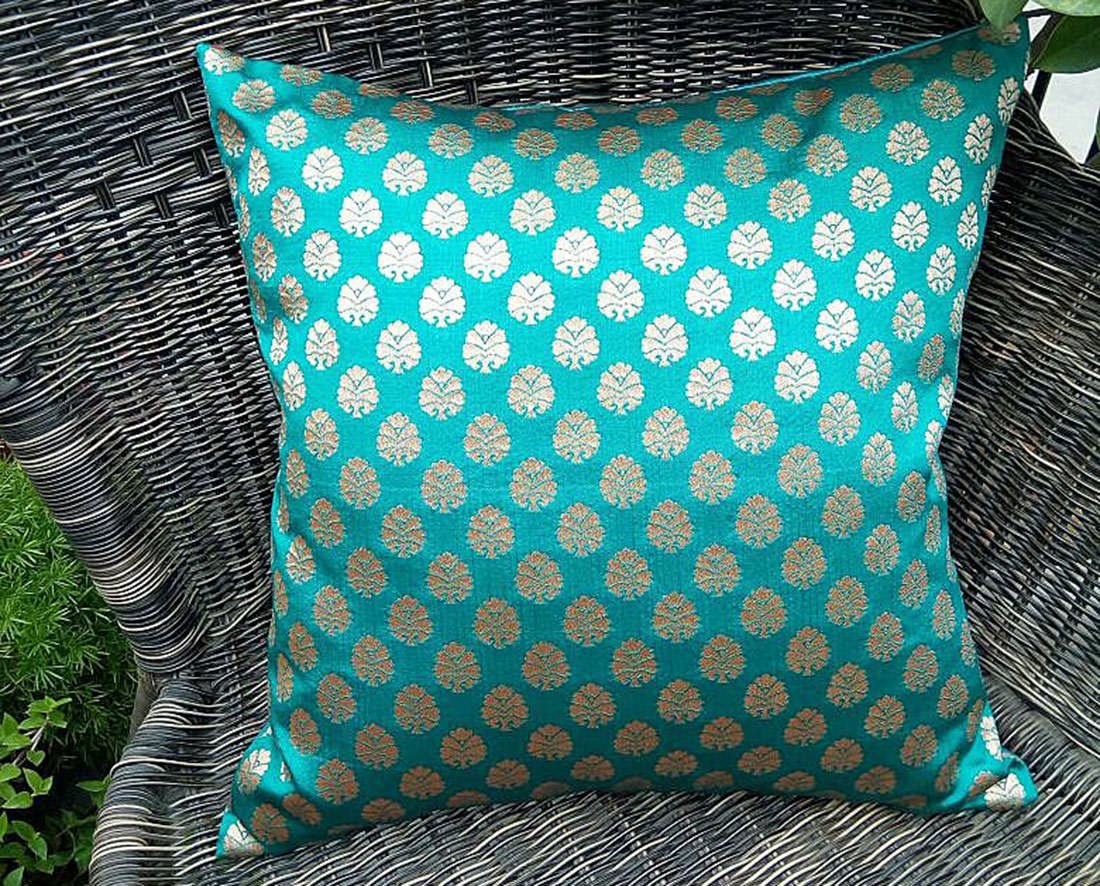 Premium Quality Teal Green & Golden Brocade Cushion Covers - Image 4