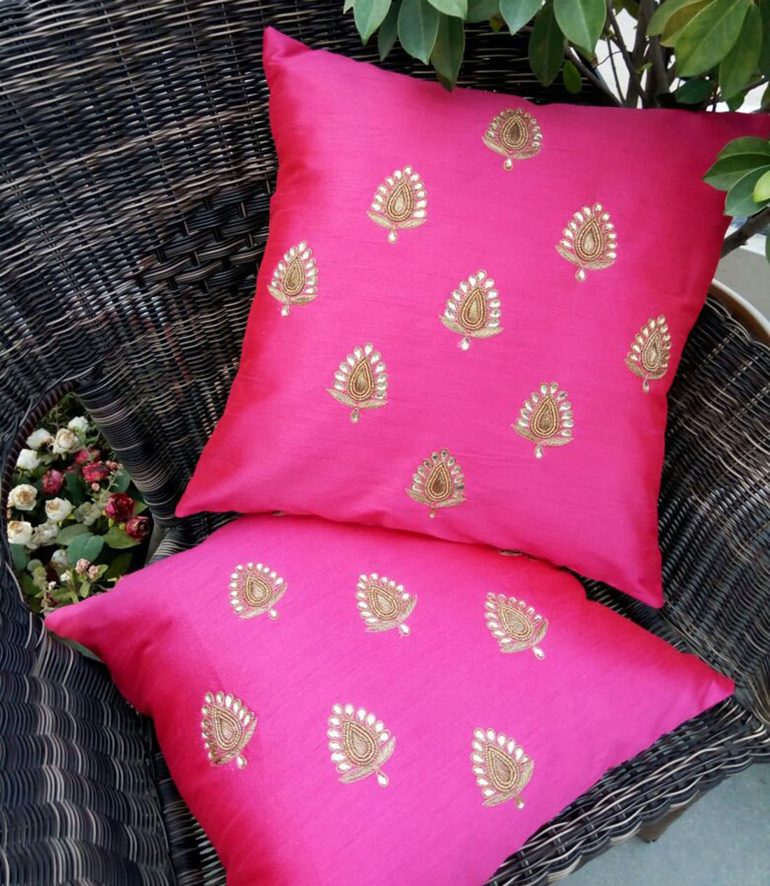 Swarn Paan Patti Beads, Kundan & Zari Hand Embroidery Magenta Cushion Covers - Image 4