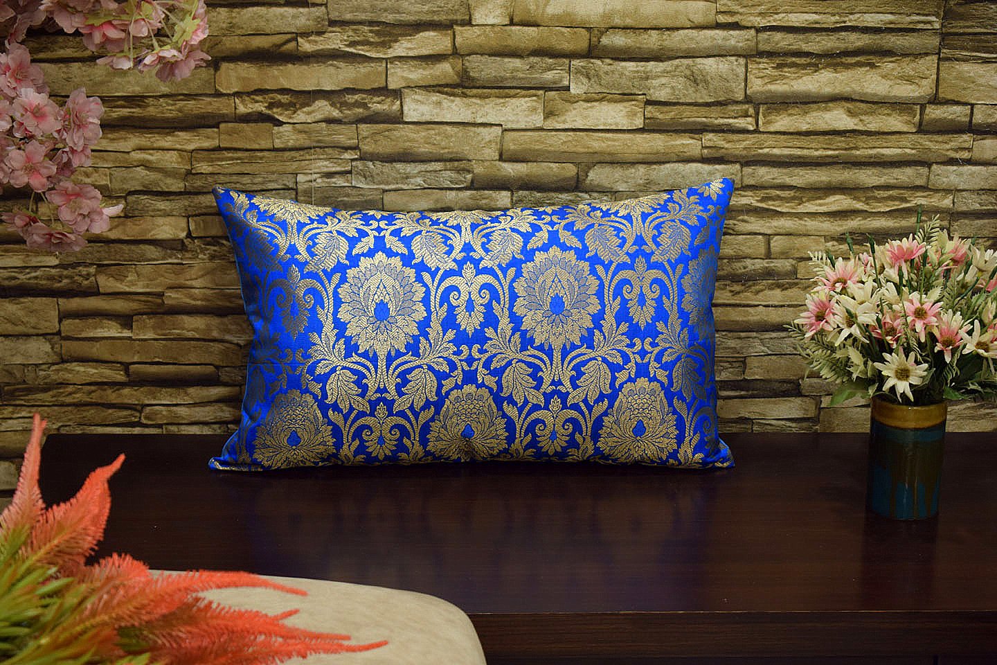 MUGHAL BANARASI Brocade Long Rectangular Cushion Covers (Firozi & Golden) - Image 4