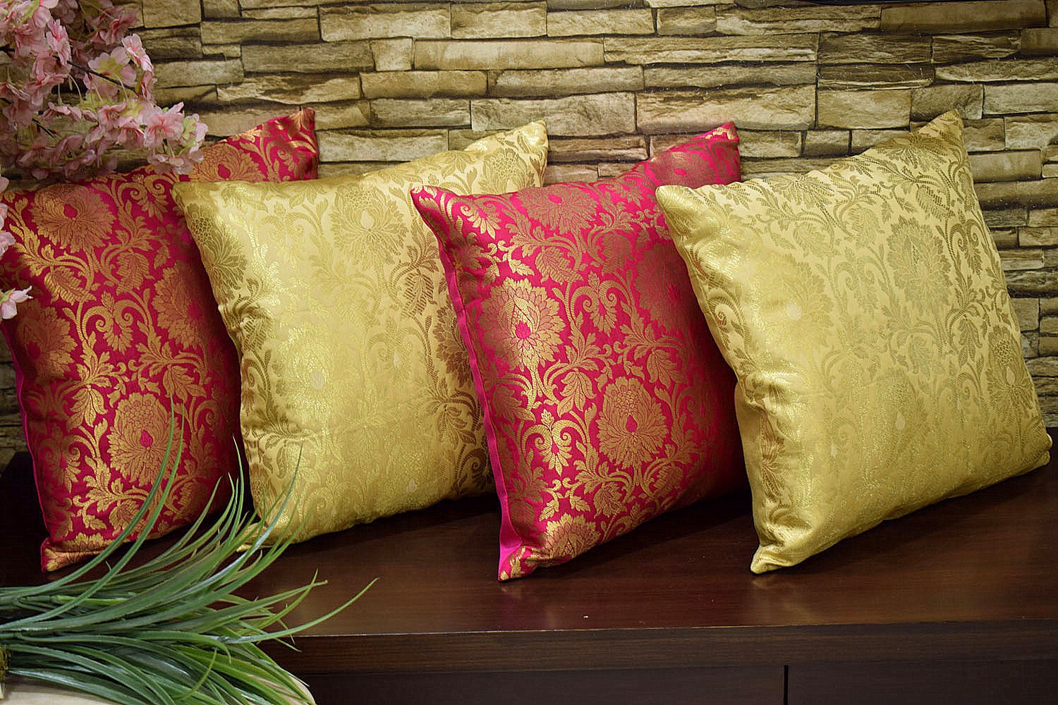MUGHAL BANARASI Brocade Cushion Covers Combo (Marigold & Bougainvillea Pink) - Image 4