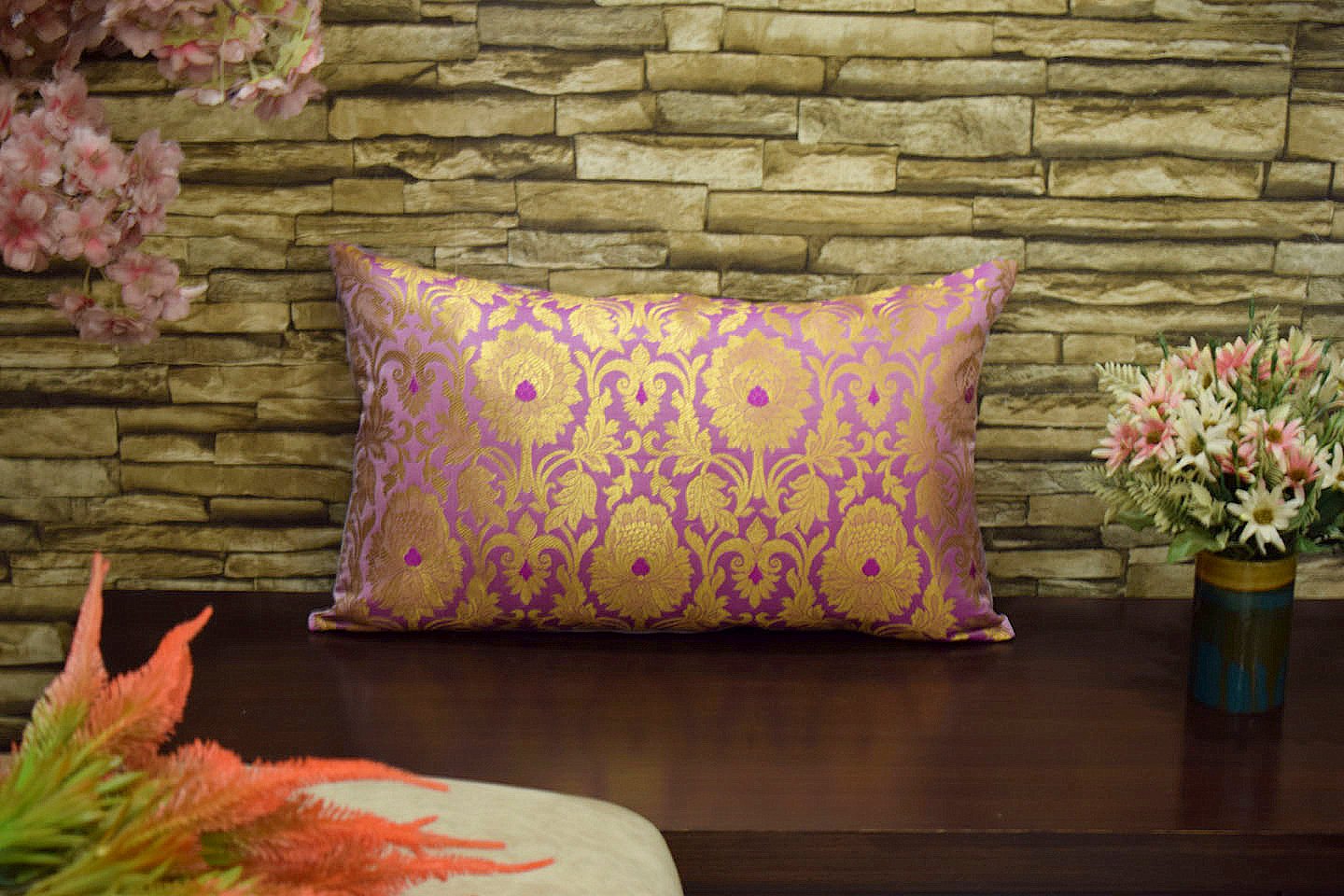 MUGHAL BANARASI Brocade Long Rectangular Cushion Covers (Lavender & Golden) - Image 4