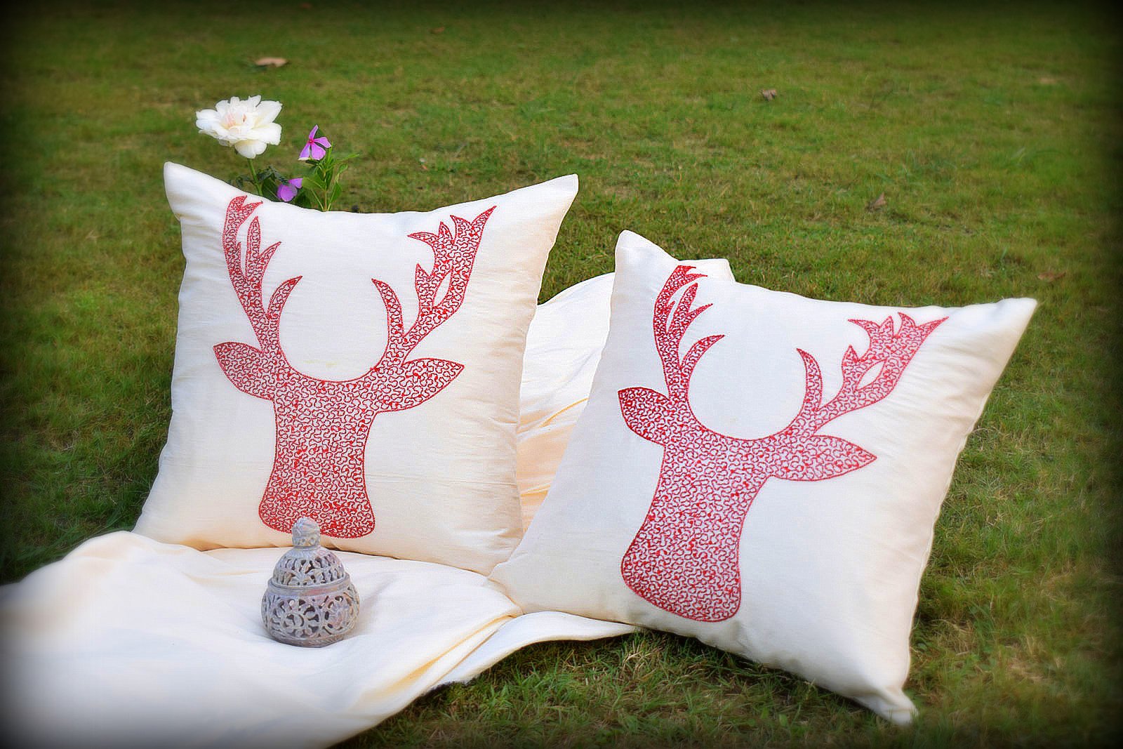 Reindeer Hand Embroidered Ivory Cushion Covers - Image 4