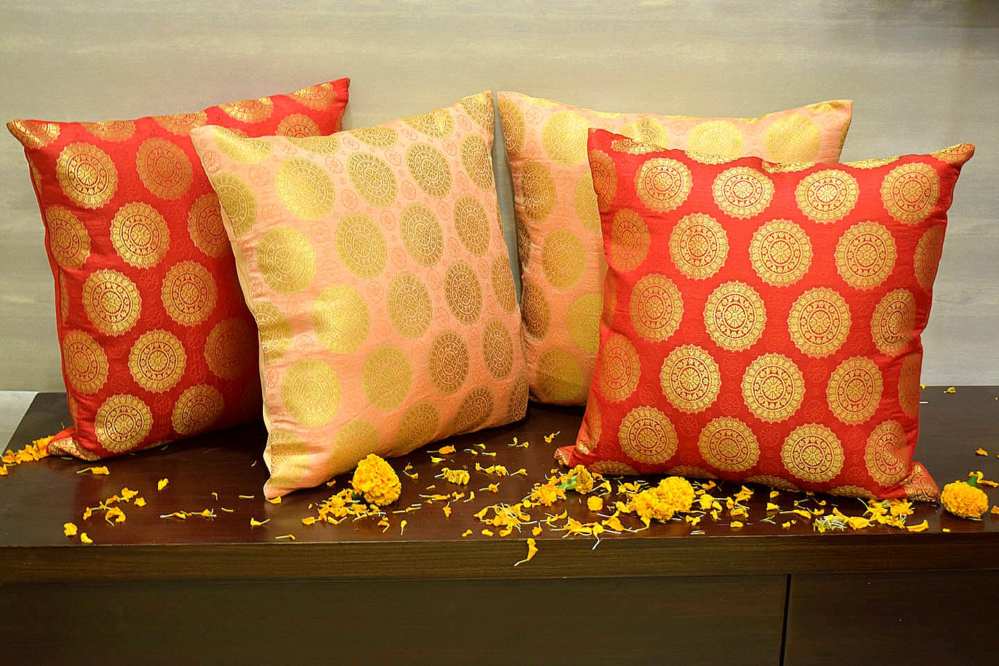 Mandala Brocade Silk Cushion Covers Combo (Red & Coral) - Image 4
