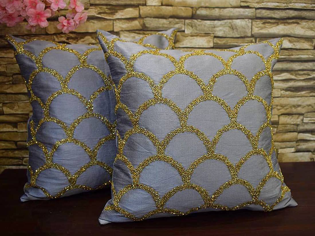 Criss Cross Hand Embroidered Moroccan Gold Embellished Grey Cushion Covers - Image 4