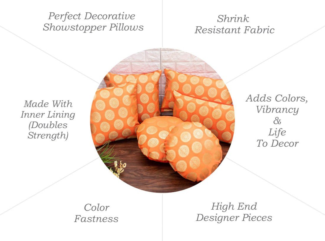 Mandala Brocade Silk Round Cushion Covers (Orange & Golden) - Image 6