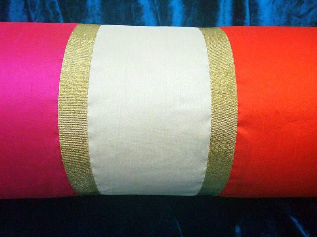 TRI Color Golden Zari Decorative Bolster Covers (Orange , Ivory , Magenta) - Image 4