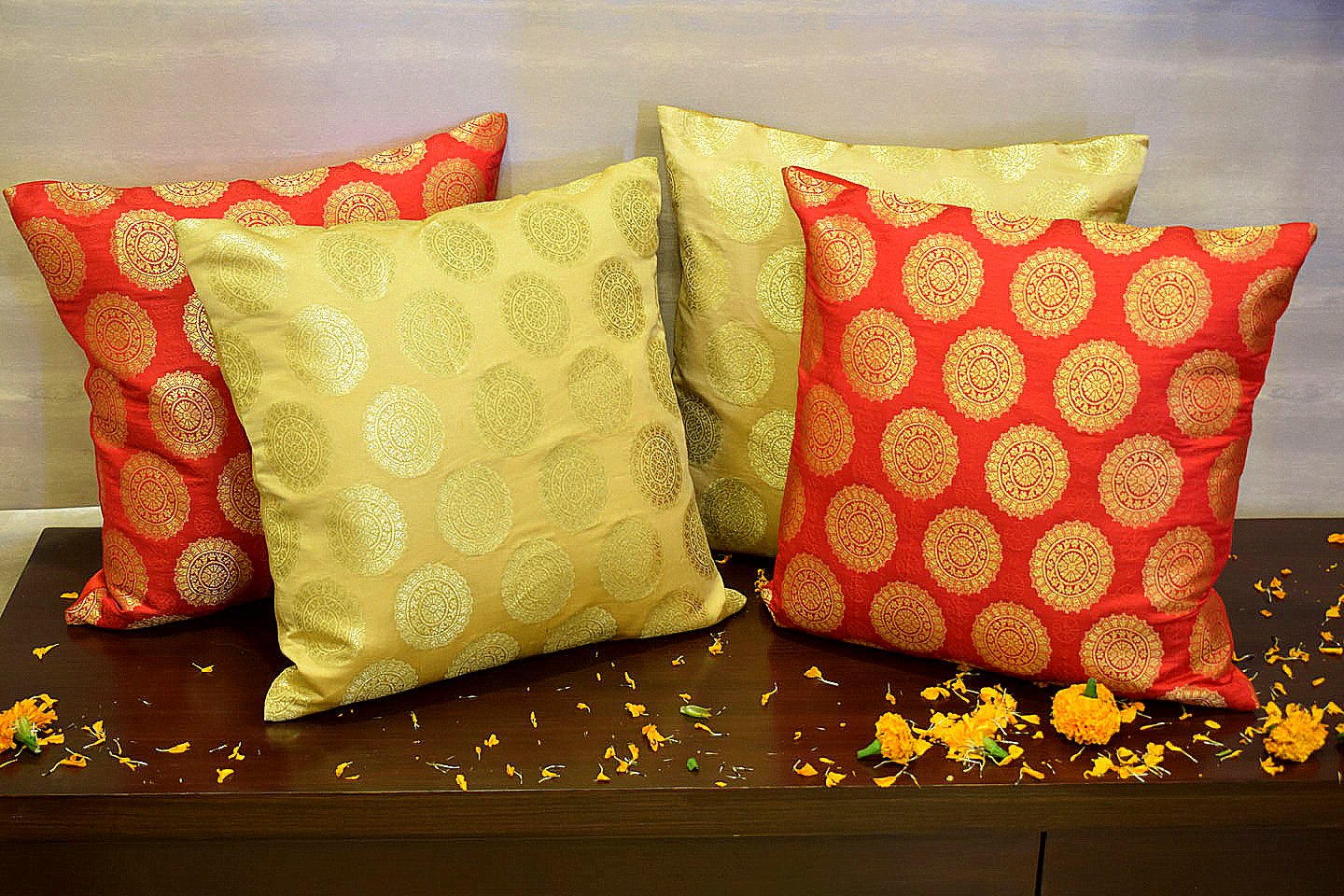 Mandala Brocade Silk Cushion Covers Combo (Red & Beige) - Image 4