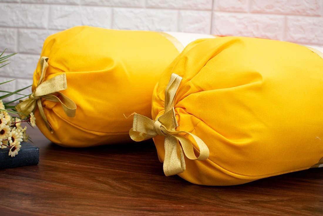 TRI Color Golden Zari Decorative Bolster Covers (Yellow, Ivory, Orange) - Image 4