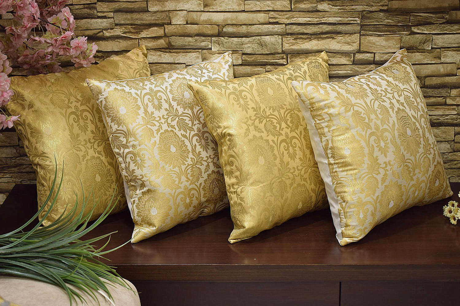 MUGHAL BANARASI Brocade Cushion Covers Combo (Marigold & White) - Image 4