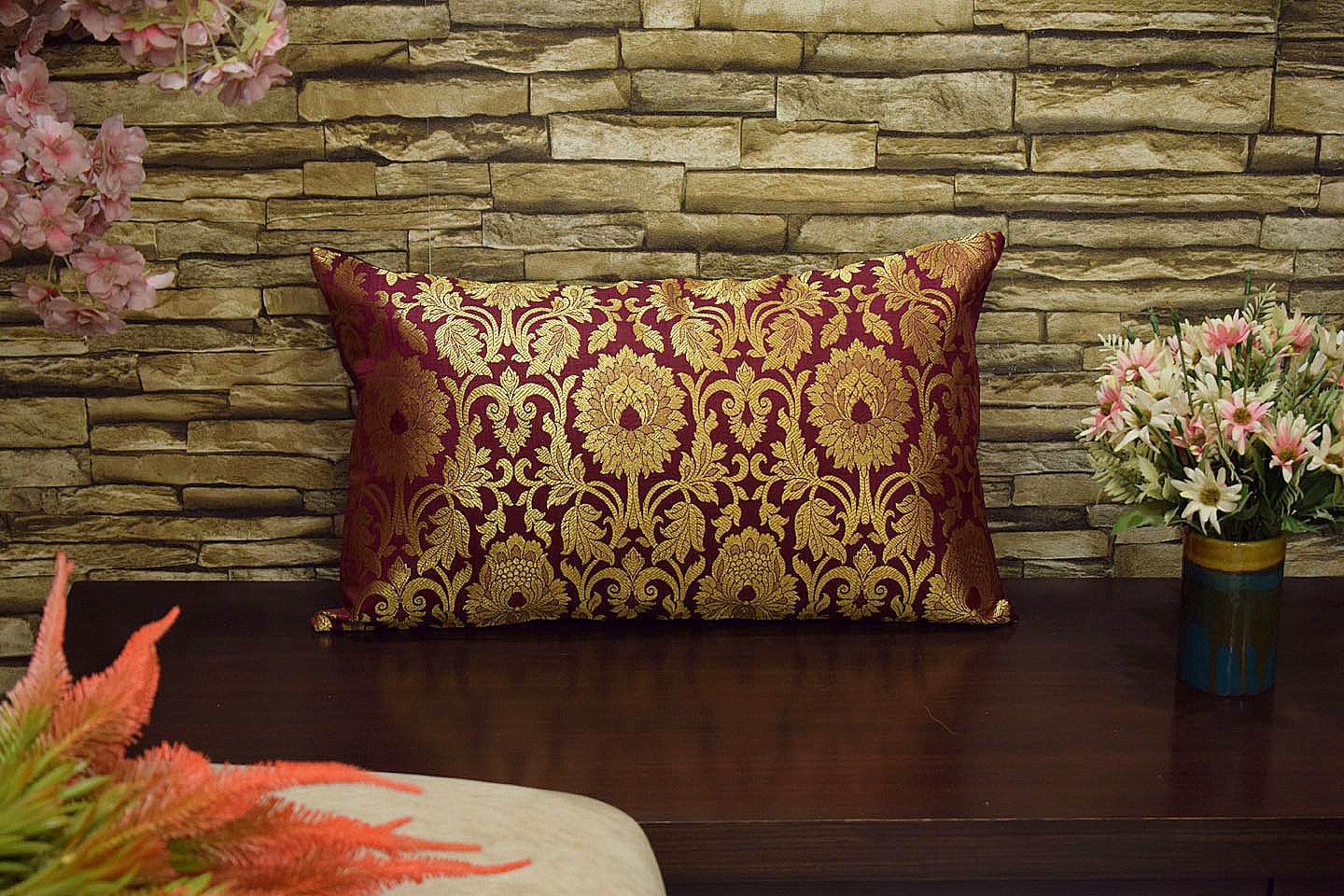 MUGHAL BANARASI Brocade Long Rectangular Cushion Covers (Wine & Golden) - Image 4