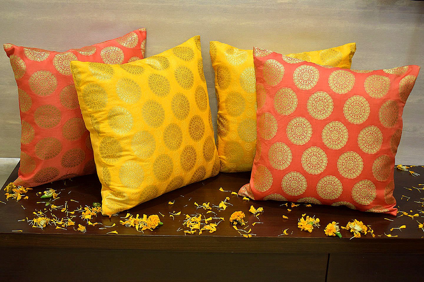 Mandala Brocade Silk Cushion Covers Combo (Peach & Yellow) - Image 4