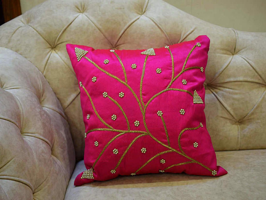 Ferns & Petals All Over Hand Embroidered Magenta Cushion Covers - Image 3