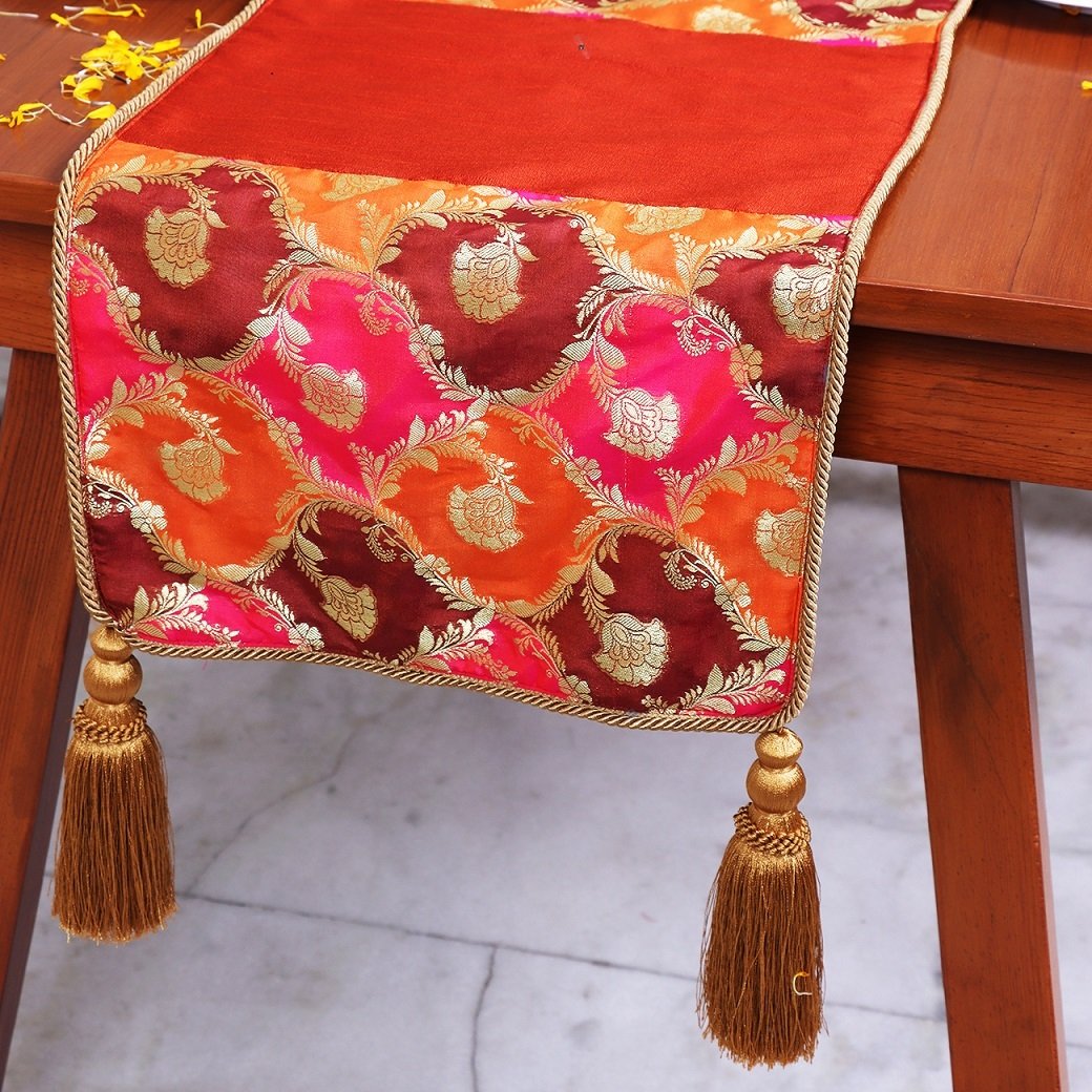 Khin-Khwabeeda Designer Brocade Table Runner (Rust, Orange, Pink) - Image 2